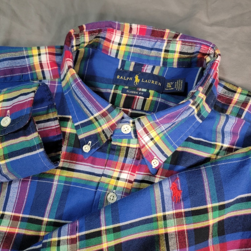 Ralph Lauren Button Down Shirt Men's XLT Plaid Long Sleeve Colorful Red Pony